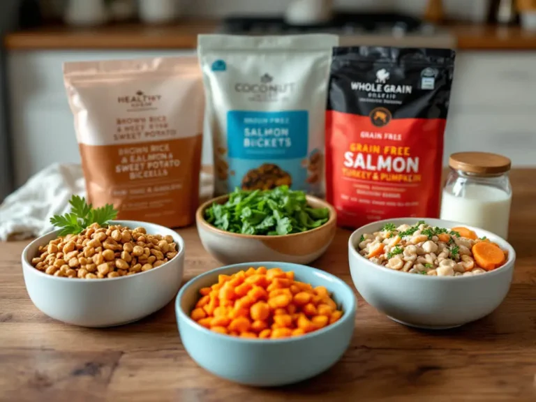A bowl of premium dog food with fresh meat, vegetables, and kibble, representing a nutritious and balanced diet for dogs.