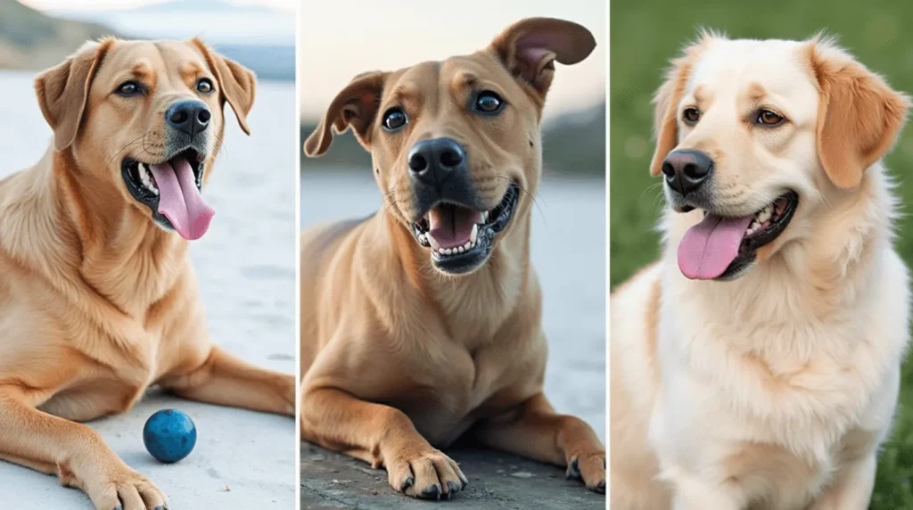A group of friendly, low-maintenance dog breeds ideal for first-time owners, lounging in a cozy home setting.
