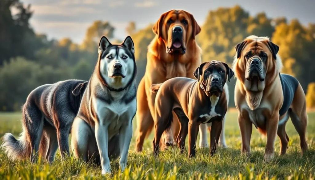 A group of popular large dog breeds, including a Saint Bernard, Labrador Retriever, and German Shepherd, sitting happily outdoors.