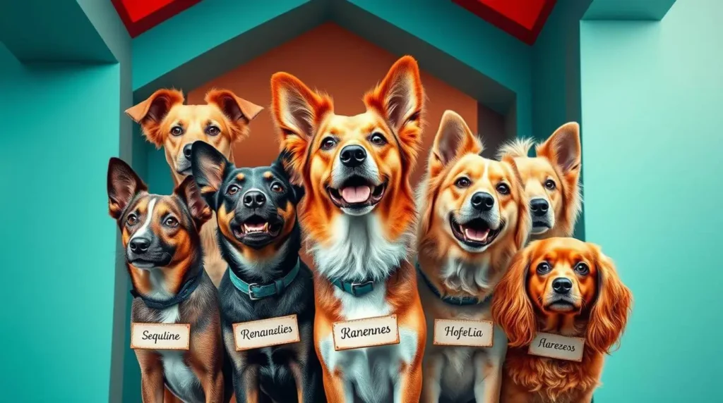 Playful dogs holding a personalized name tag, surrounded by creative and unique dog name ideas, represent trendy, unusual and meaningful names.