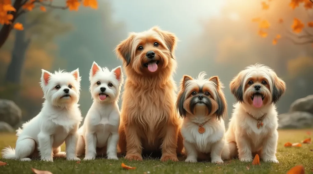 A variety of Chinese dog breeds, including the Chow Chow, Shar Pei, and Kunming Wolfdog, standing in a serene traditional Chinese garden with pagodas and cherry blossoms