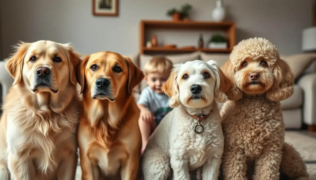 Family-friendly dog breeds, including a Labrador Retriever, Golden Retriever, and Beagle, playing with children outdoors.