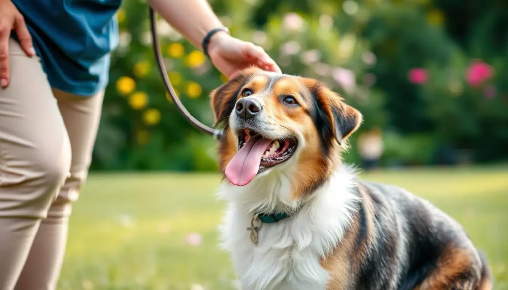 A well-trained dog sitting attentively while an owner gives a command outdoors.