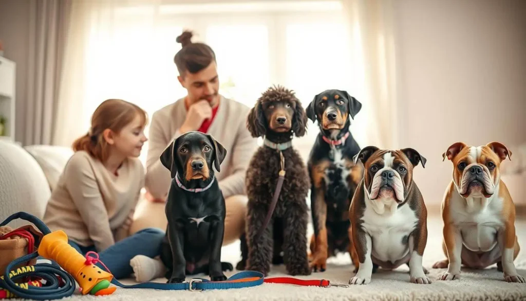 Friendly dog breeds like a Golden Retriever, Labrador Retriever, and Beagle playing happily with a family in a park.