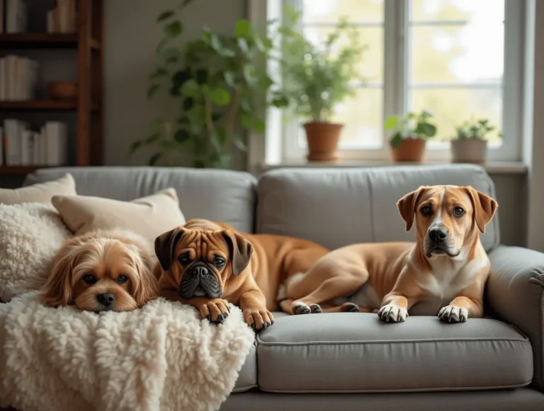 A group of lazy dog breeds relaxing comfortably in a cozy home