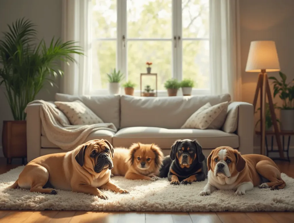 Lazy dog breeds like Bulldogs, Pugs, and Shih Tzus lounging comfortably indoors.
