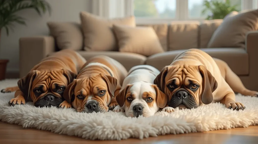 A selection of friendly and easygoing dog breeds, perfect for first-time owners, relaxing in a warm and inviting home.