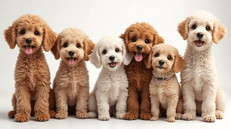 A group of adorable doodle dog breeds, including Labradoodle, Goldendoodle, and Cockapoo, playing in a sunny outdoor setting