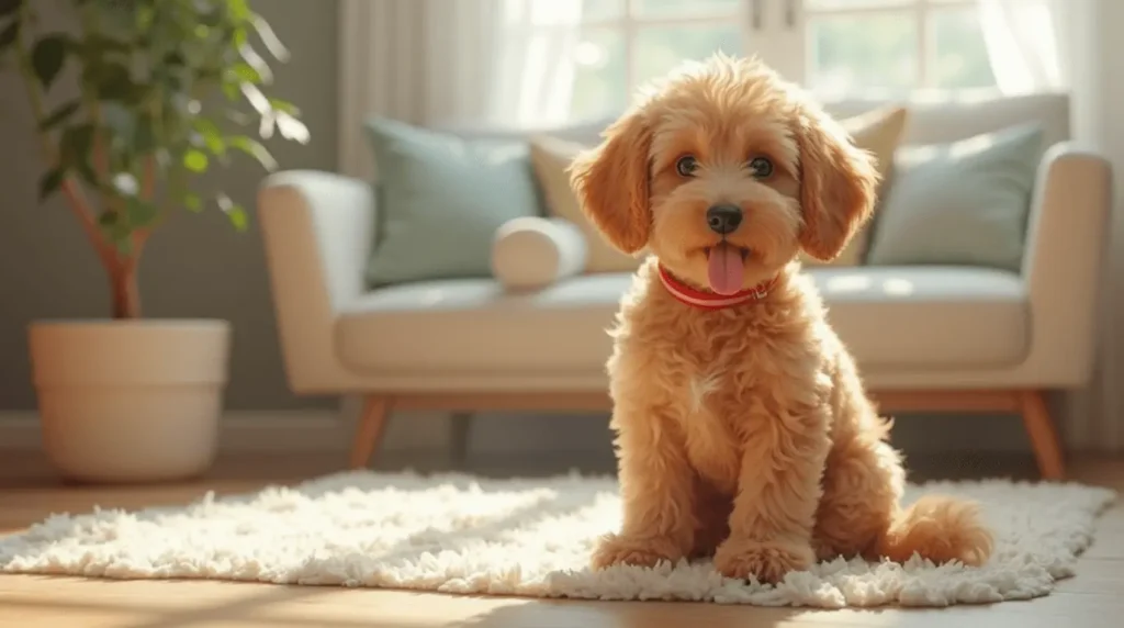 A playful illustration of various doodle dog breeds, including Goldendoodles, Labradoodles, and Bernedoodles, with curly fur and friendly expressions