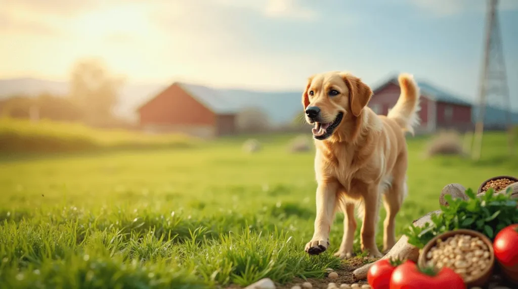 A happy, well-nourished dog in a lush farm setting, surrounded by fresh, natural ingredients used in Open Farm dog food