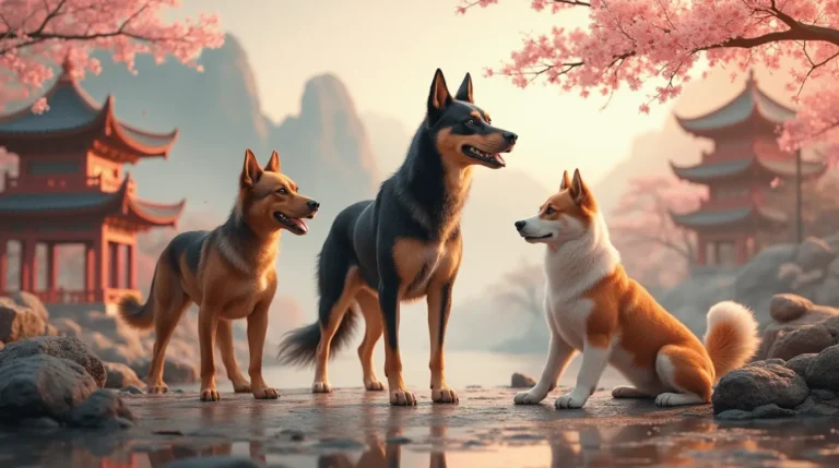 A group of rare and exotic Chinese dog breeds, including the Chongqing Dog, Kunming Wolfdog, and Shar Pei, standing in a traditional Chinese garden with pagodas and cherry blossoms.