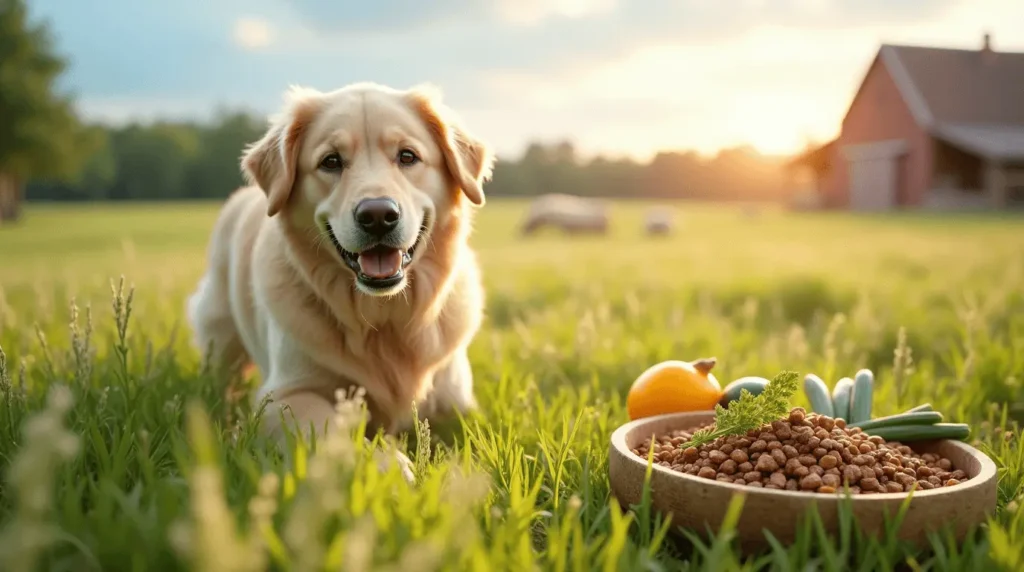 A happy dog standing in a lush open farm, surrounded by fresh, natural ingredients used in Open Farm dog food