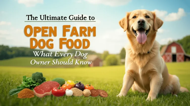 A happy, healthy dog sitting in a scenic open farm with fresh ingredients, symbolizing natural and ethical dog food