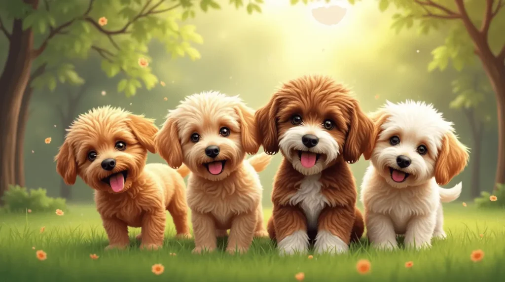 A collection of various doodle dog breeds, including Labradoodles, Goldendoodles, and Bernedoodles, in a playful and artistic doodle-style illustration