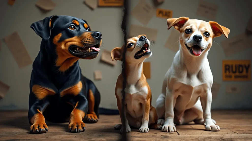 A group of commonly labeled "dangerous" dog breeds, including a pit bull, Rottweiler, and Doberman, sitting calmly in a park, showcasing their gentle nature.
