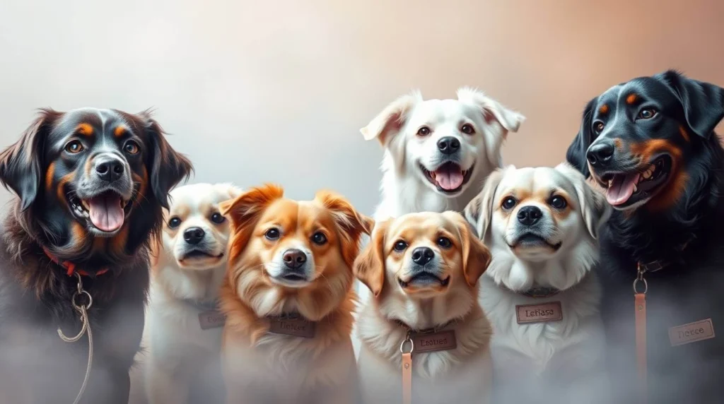 A cute dog with a personalized name tag, surrounded by unique and creative dog name ideas, representing trendy, unusual, and meaningful names.