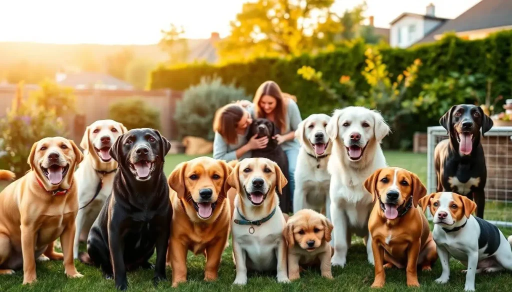 Happy family playing with friendly dog breeds like a Golden Retriever, Labrador Retriever, and Beagle in a park.