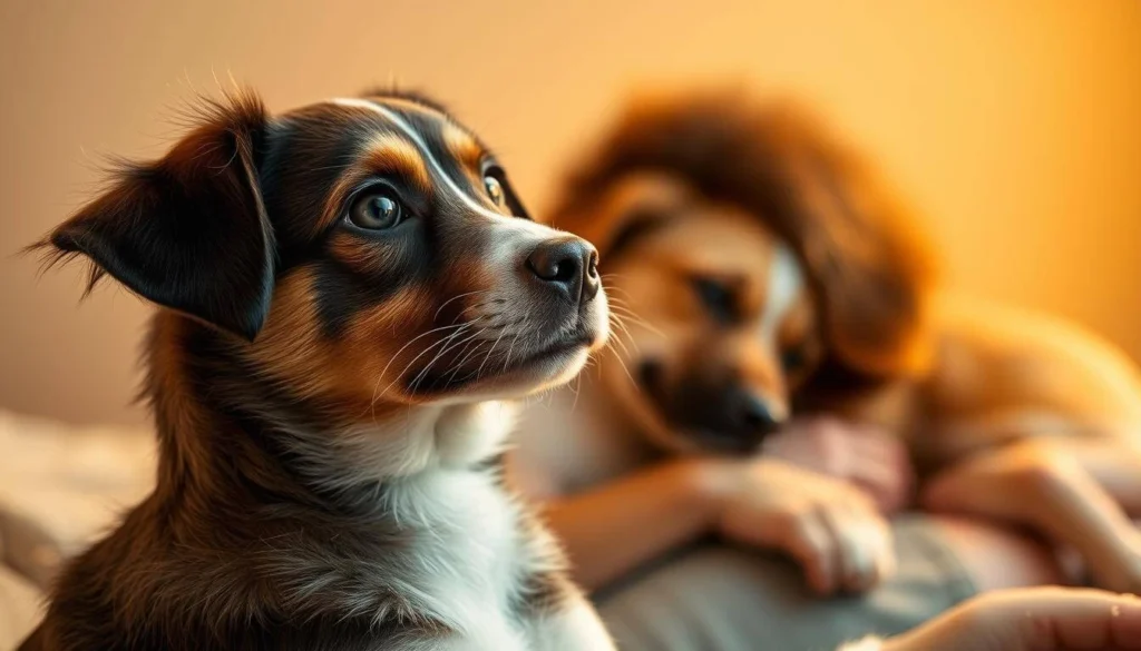 A dog gazing lovingly at its owner, expressing affection through eye contact and gentle body language.
