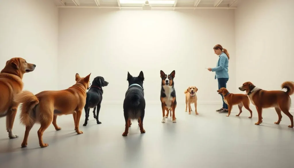 A dog sitting attentively while an owner gives a training command in a home setting.