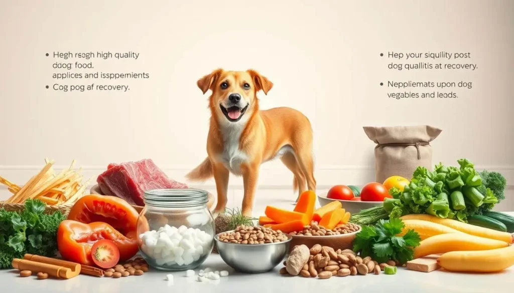 Nutritious, dog-friendly foods like boiled chicken, plain rice, and pumpkin on a table for sick dogs.