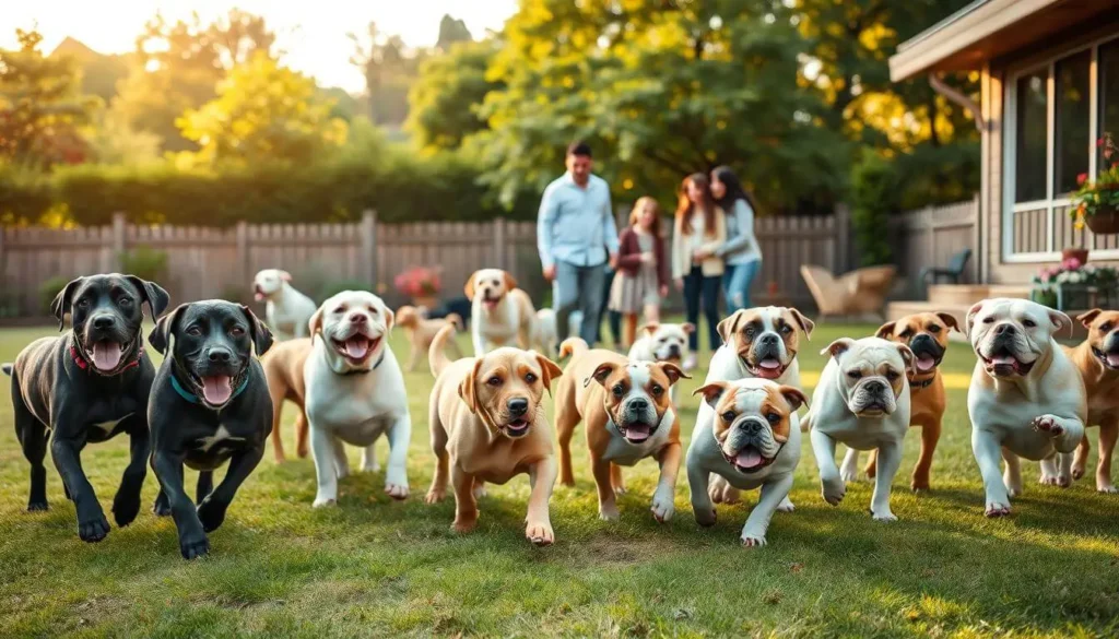Family-friendly dog breeds like a Labrador Retriever, Golden Retriever, and Beagle sitting happily with a family in a backyard.