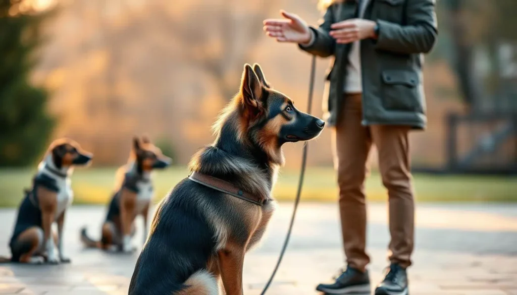 A dog sitting and responding to a training command from its owner in a bright, outdoor setting.