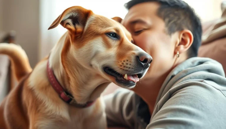 A happy dog leaning against its owner, showing love through physical touch and close companionship.