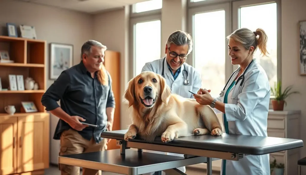 A healthy dog enjoying a walk, receiving care, and eating a balanced diet for overall wellness.