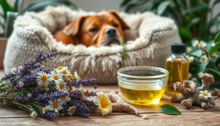 A relaxed dog lying peacefully next to natural anxiety remedies like calming herbs and essential oils.