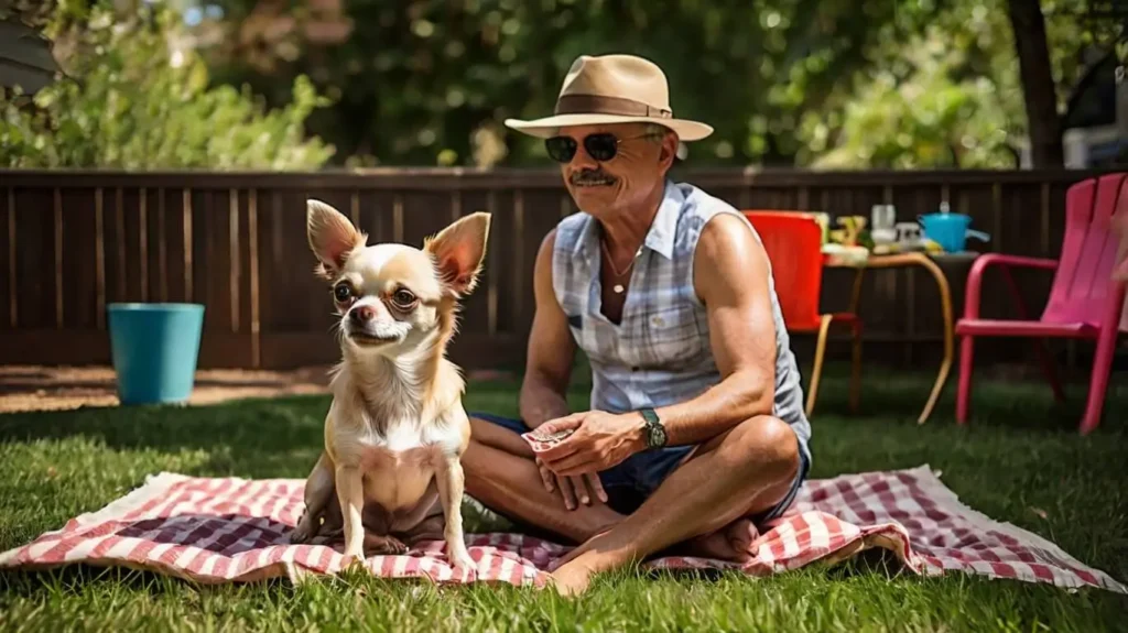 Cute Chihuahua dog with big ears sitting on a grassy field, looking happy and playful.