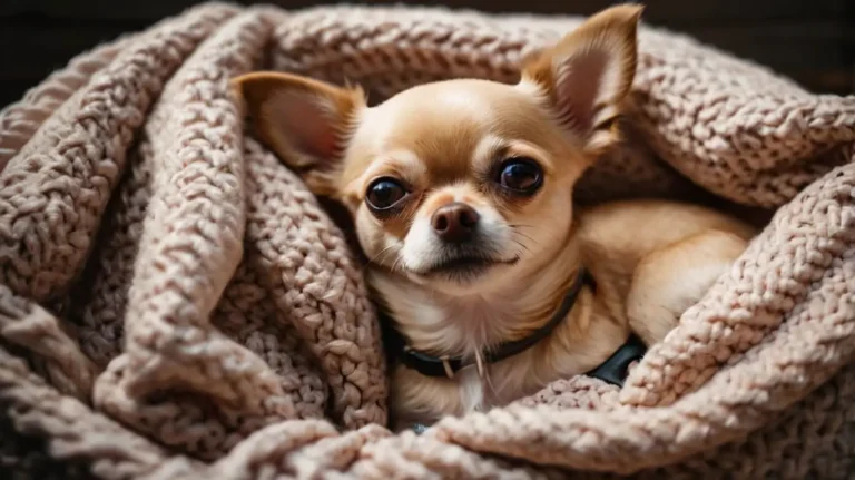 Cute Chihuahua dog sitting on a cozy blanket, looking up with big, expressive eyes.