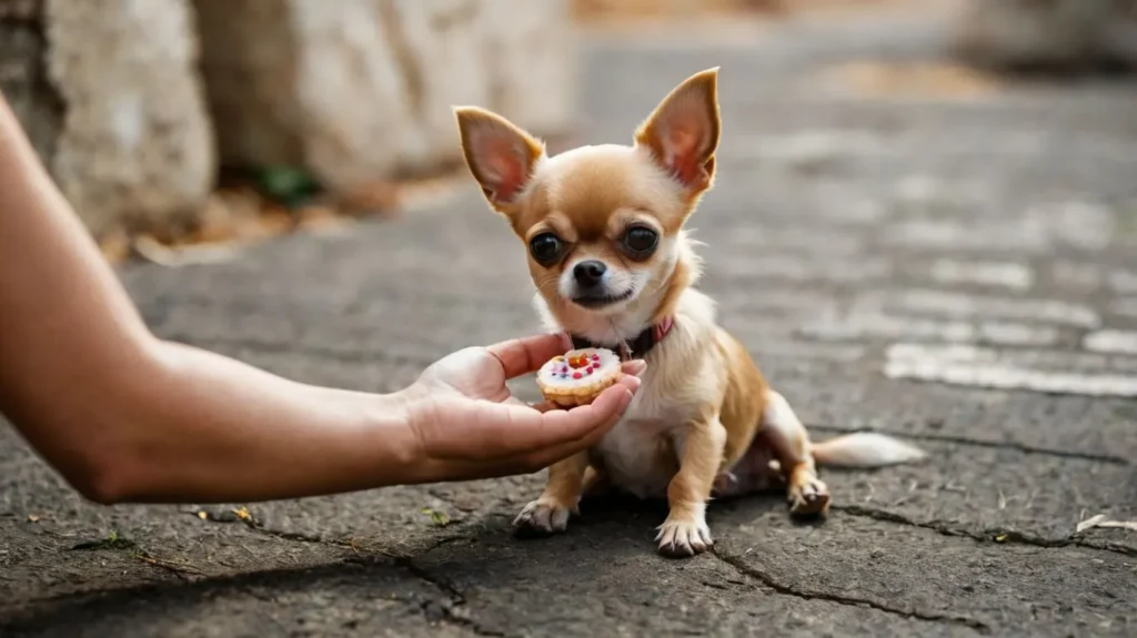 Cute Chihuahua dog with a tiny body, big ears, and sparkling eyes sitting indoors on a soft cushion.