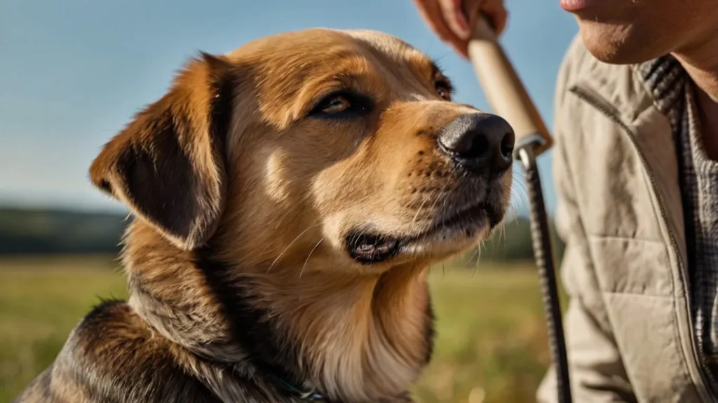 Dog sitting in front of owner during training, responding to the “sit” command
