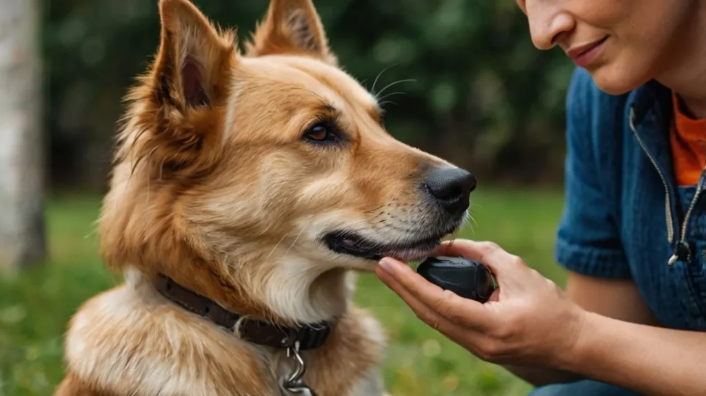 A dog sitting calmly on command with its owner standing nearby