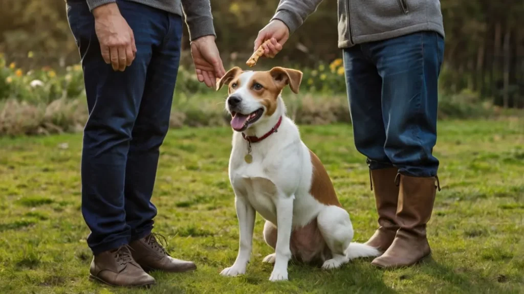 Dog sitting obediently in front of its owner during a training session