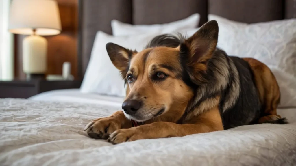 Dog comfortably relaxing on a cozy hotel bed in a pet-friendly vacation rental