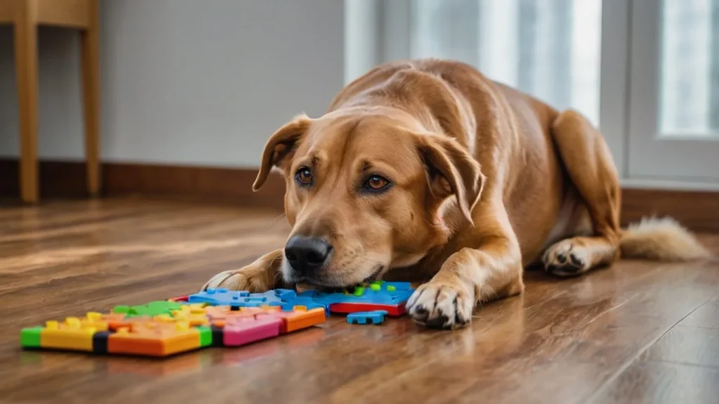 Dog engaged in positive reinforcement training using a clicker or playing with a puzzle toy