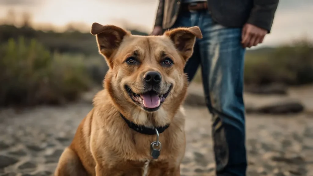 Dog looking calmly at the camera with soft eyes, showing trust and confidence