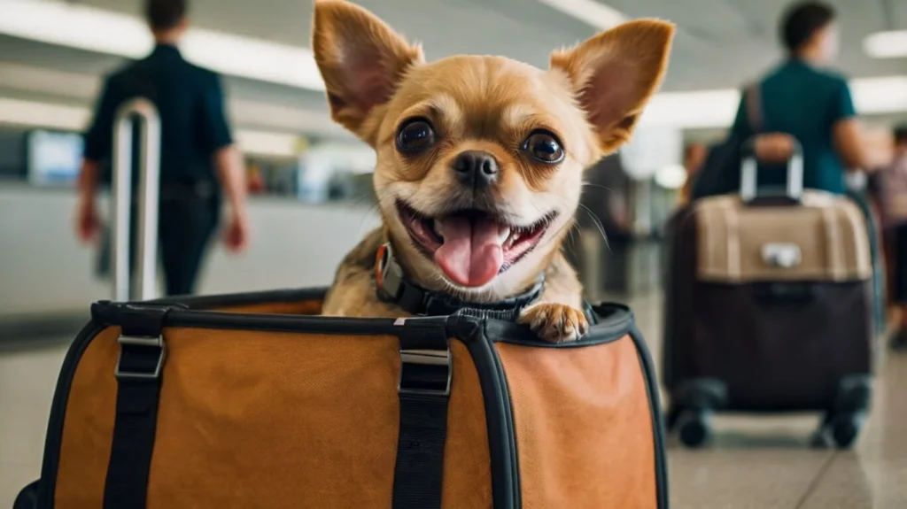 Small dog resting inside an airline-approved carrier at the airport terminal