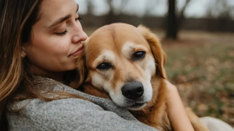 A gentle dog resting its head on a person’s lap, showing trust and emotional bonding