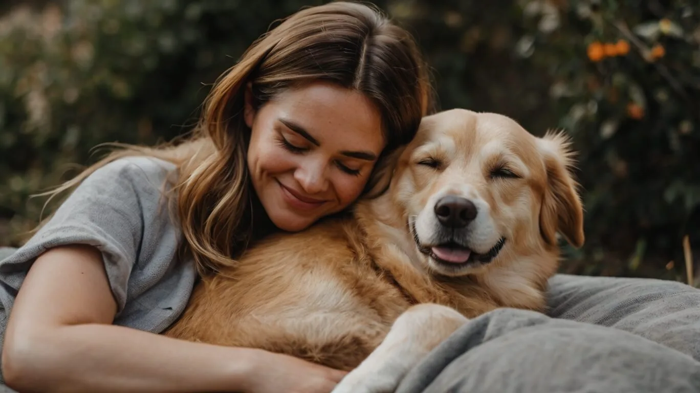 Dogs cuddling with a relaxed person, showing comfort and acceptance