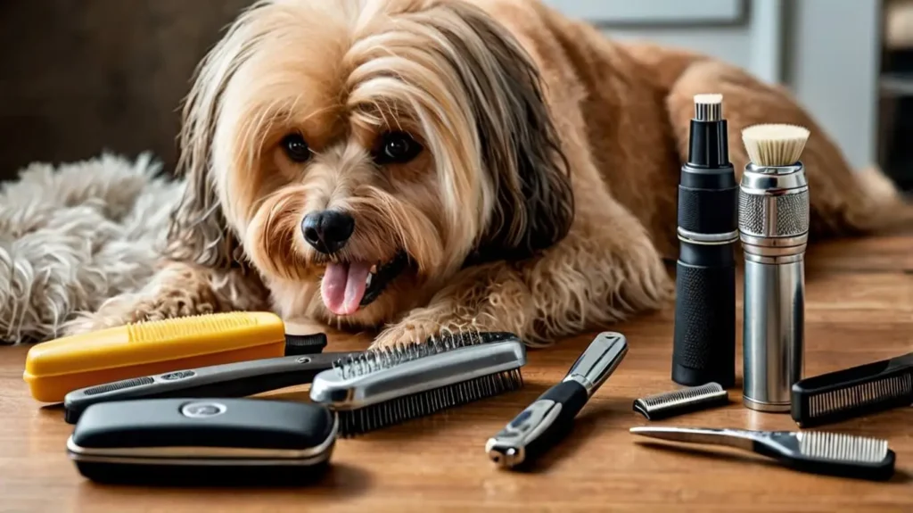 Close-up of dog grooming tools and a happy dog being gently brushed