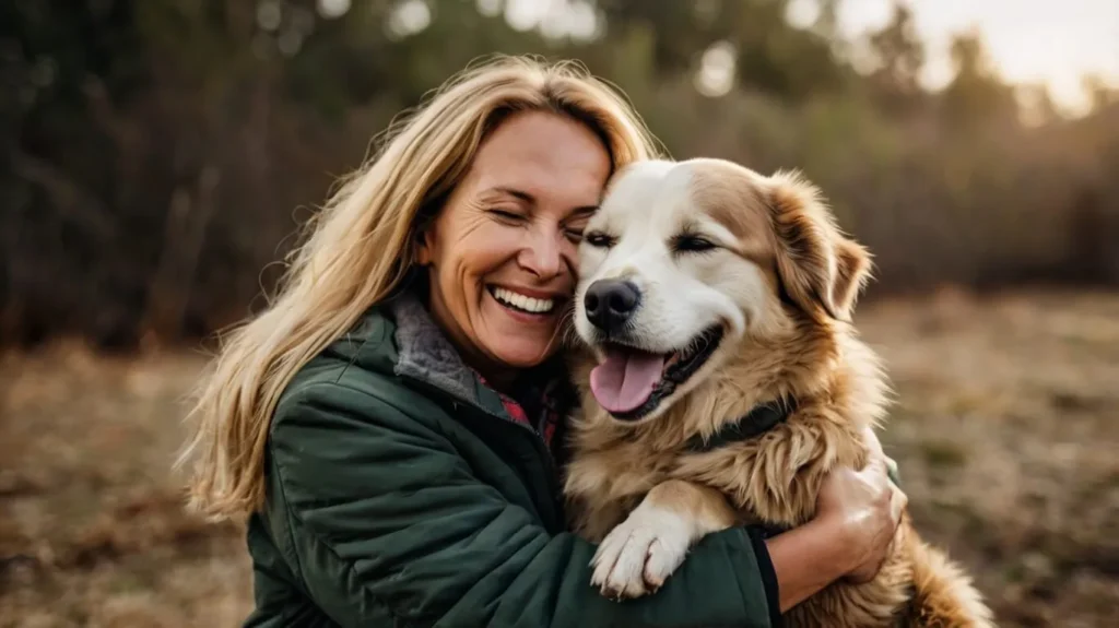 Happy rescue dog being hugged by its owner, showing joy and gratitude