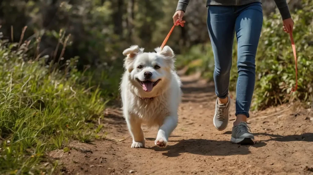 Person walking their dog on a trail, enjoying an active outdoor lifestyle