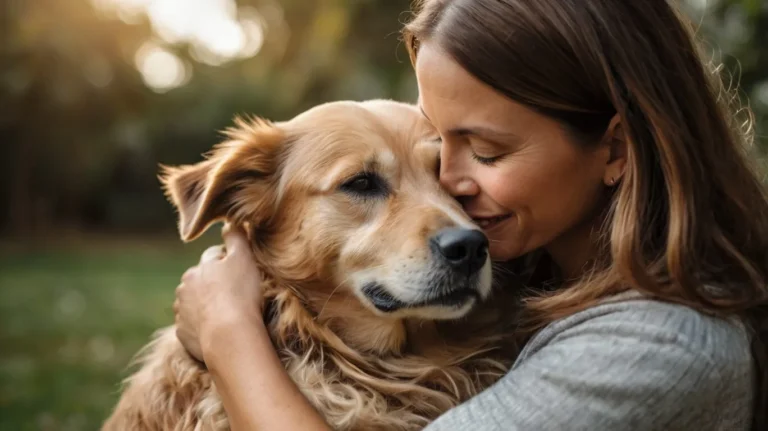 Owner lovingly cuddling and gently grooming their dog at home