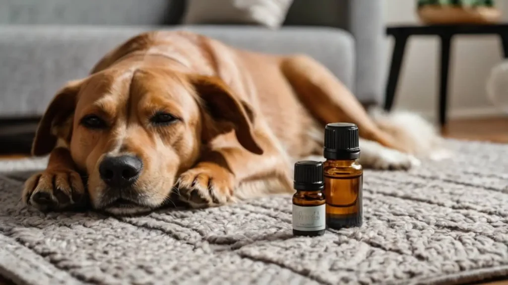 Pet-safe essential oil diffuser next to a calm dog resting on a mat