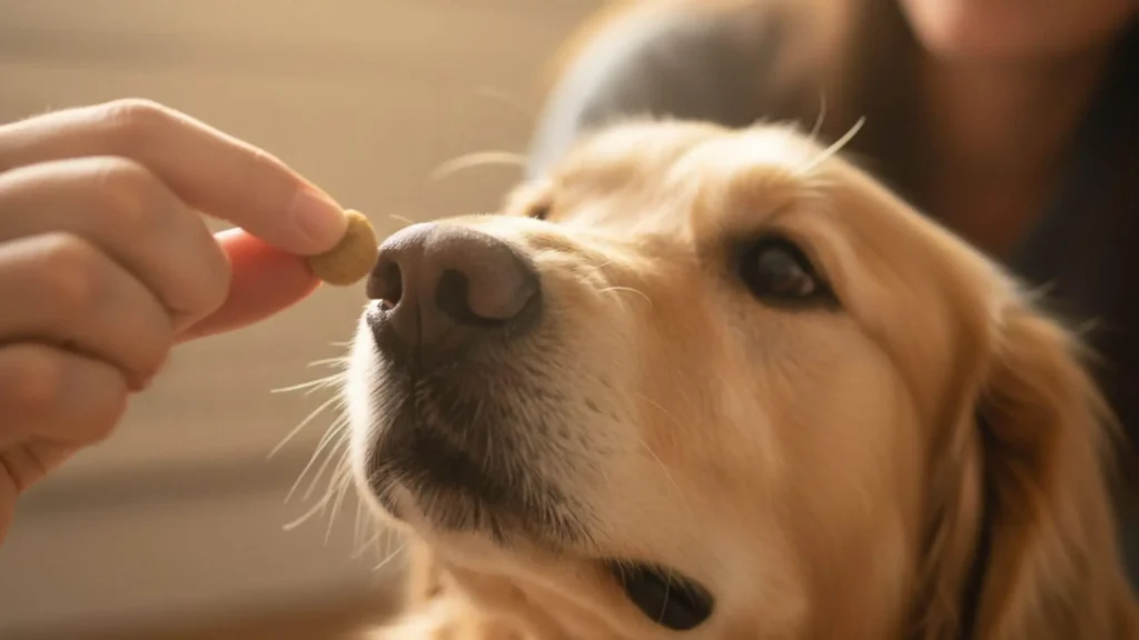 A friendly dog sitting calmly while greeting a guest during polite greeting training.