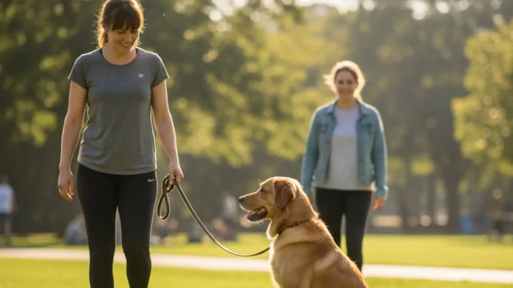 Owner training a dog to greet visitors calmly without jumping or barking.