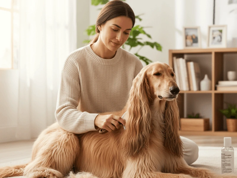Person brushing a long-haired Afghan Hound indoors