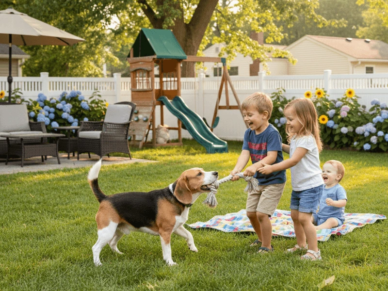 Beagle playing with children in a backyard, family-friendly scene